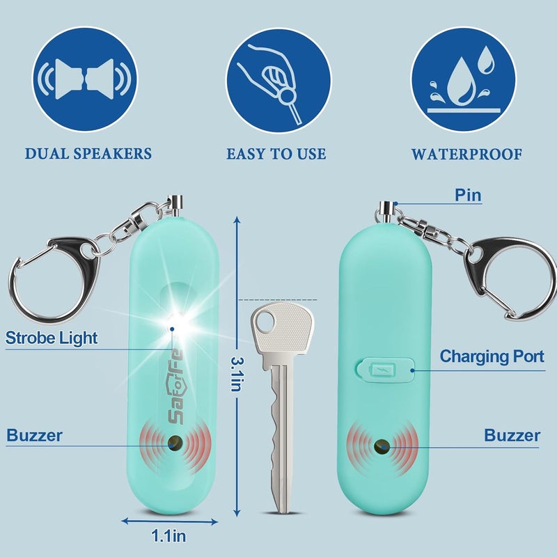 SaForFe Rechargeable Personal Safety Alarm for Women - 140dB Self-Defense Security Alarm Keychain with Strobe Light, Emergency Security Alert Devices for Women Girls Kids Elderly (Aqua) - Image 3